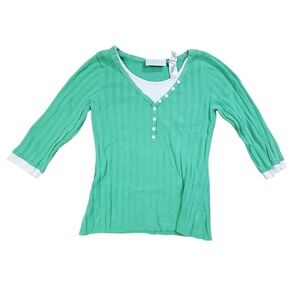First Issue Sweater Women Medium Green Ribbed Henley V Neck 34 Sleeve Preppy Top